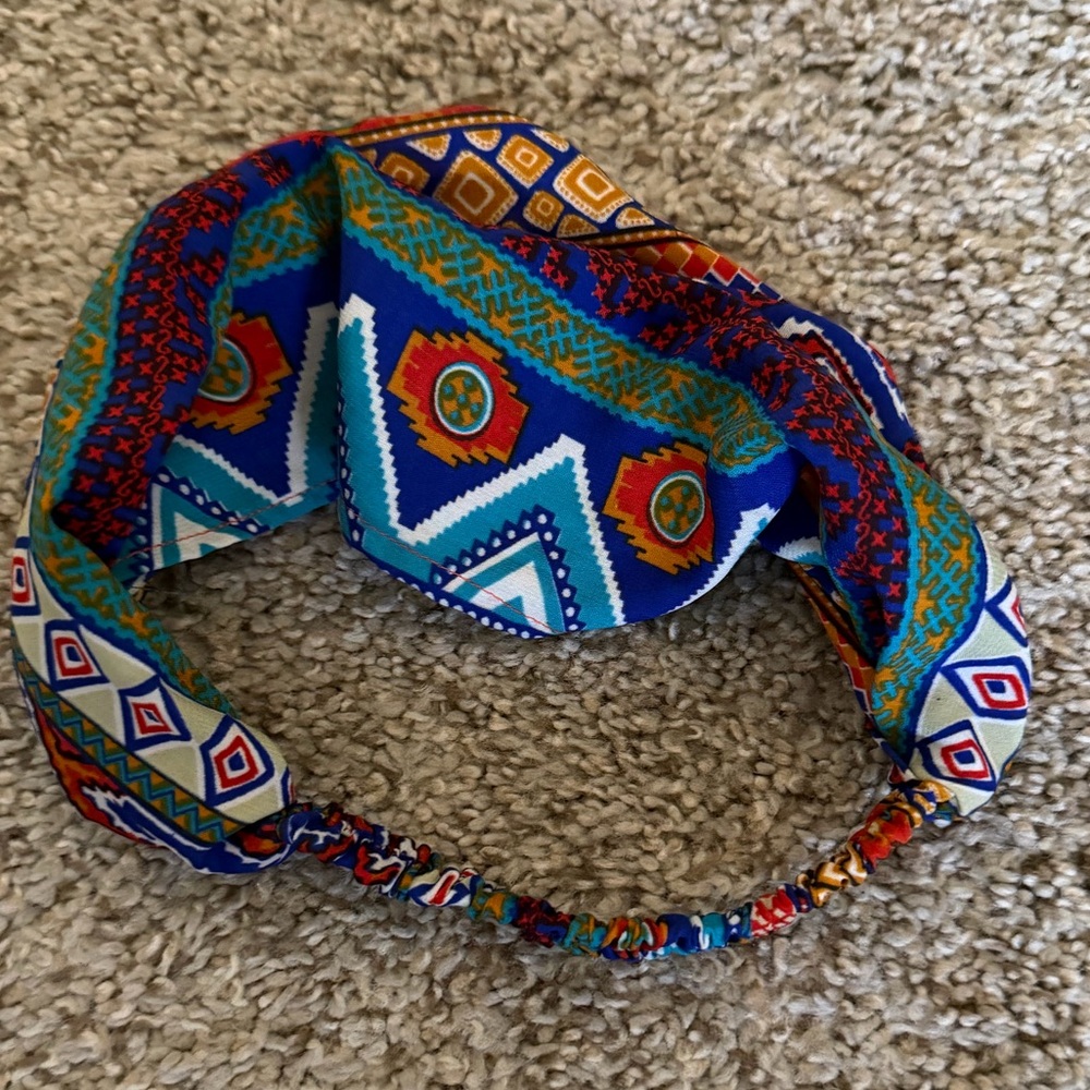 Boho Print Tribal Pattern Cloth Hair Scarf Headband Wide Band Turquoise Red